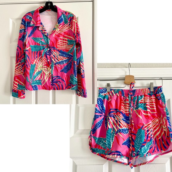 Boutique Other - NEW Boutique Amazon Plus Size Top & Shorts Set Loungewear Pink Tropical 2XL